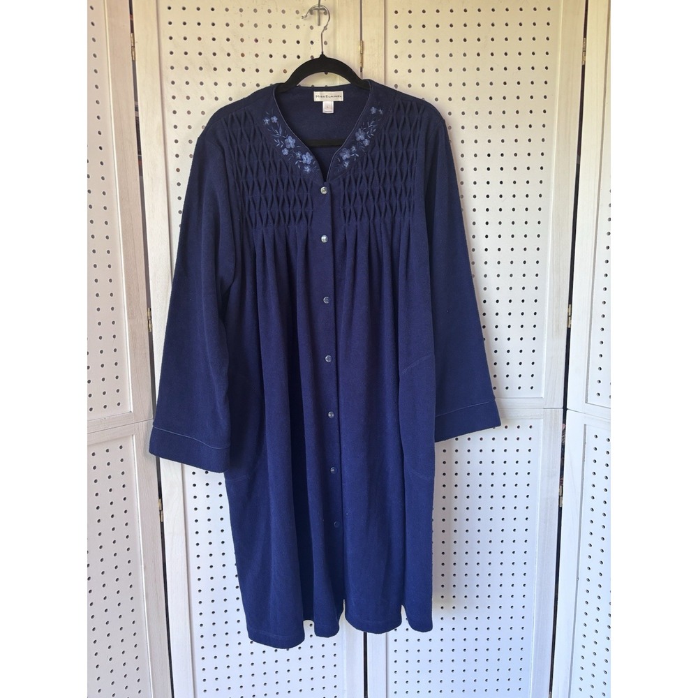 Miss Elaine Womens Lg Navy Blue Snap Front Terry Robe Housecoat Midi Embroidered